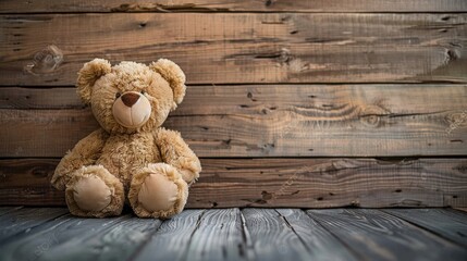A plush teddy bear seated on a dark wooden floor against a rustic wooden wall. Comforting soft toy in rustic home setting. Lonely teddy bear waiting on dark wood for a companion. - obrazy, fototapety, plakaty