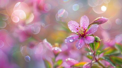 Close-up of a pink flower with dew drops on it, with a soft bokeh background in shades of pink and yellow. Serene pink blossom with water droplets in sunlight