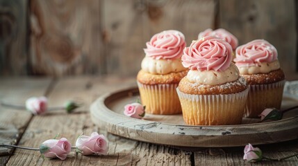Fototapeta na wymiar Romantic rose-topped cupcakes on a rustic setting. Pink frosted cupcakes perfect for sweet celebrations. Elegant rose-decorated desserts on a vintage wooden table.