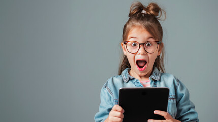 Surprised young girl with glasses looking at tablet screen. Surprised young girl holding a digital tablet with a shocked expression. Child in denim amazed by content on a digital screen. - obrazy, fototapety, plakaty