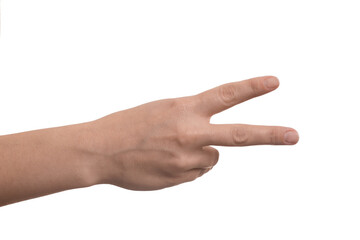 Woman showing v-sign on white background, closeup of hand