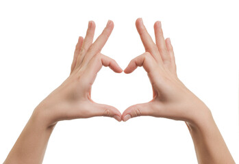 Woman making heart with hands on white background, closeup