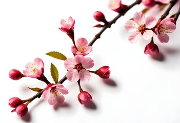 Cherry blossom branch with pink flowers on a plain background