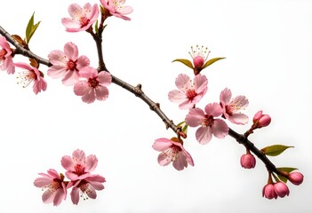 Cherry blossom branch with pink flowers on a plain background