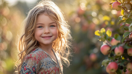 A pretty little girl dressed in spring clothes playing in the sunlit garden