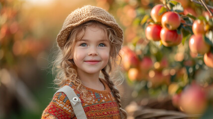 A pretty little girl dressed in spring clothes playing in the sunlit garden