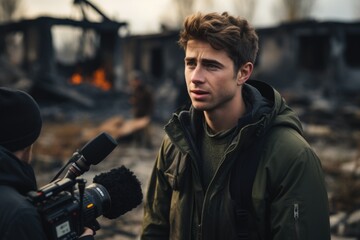 Fototapeta premium A journalist with a microphone, exploring stories, conducting interviews, and amplifying diverse perspectives through the power of audio storytelling in the dynamic world of media.