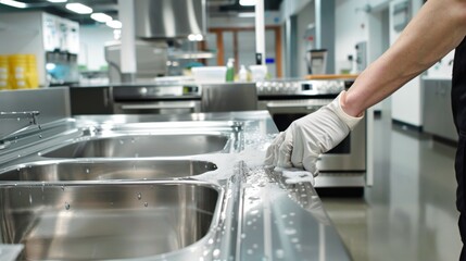 A diligent employee wearing gloves while cleaning and sanitizing a modern stainless steel office kitchen, ensuring hygiene and safety.