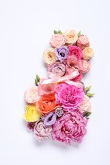 8 March greeting card design made with beautiful flowers on white background, top view