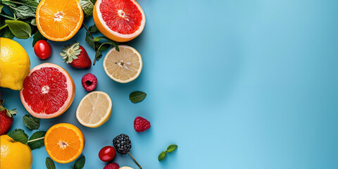 Colorful Fruits and Berries on Light Blue Canvas