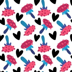 Obraz premium Cartoon autumn harvest seamless Halloween mushrooms with skulls pattern for wrapping paper and fabrics