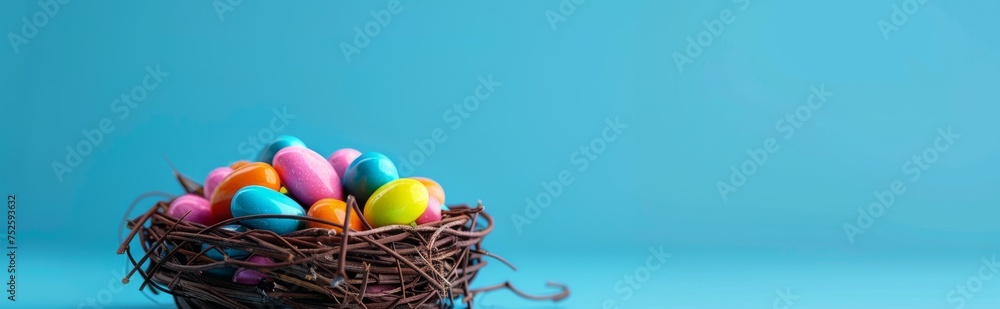 Poster colorful candy in a nest in front of a blue background generative ai