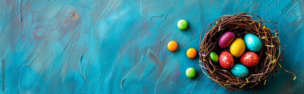 Poster colorful candy in a nest in front of a blue background generative ai