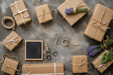 Top view of cardboard boxes, rope, scissors, small blackboard and lavender decor on concrete gray and brown background.