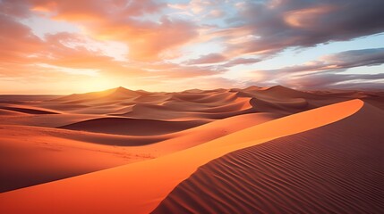 Fototapeta na wymiar Desert sunset panorama with sand dunes. 3d rendering