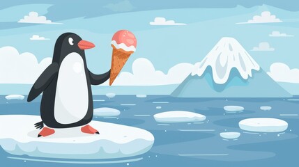 Obraz premium penguin eating ice cream, standing on floating ice, cartoon style 