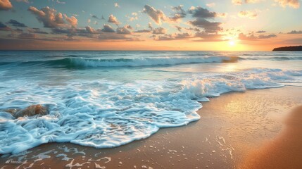 Picturesque beach scene captured at sunrise with golden light reflecting on the ocean waves and serene sandy shore.