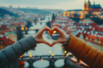 Two hands form a heart shape framing a picturesque view of Prague's cityscape and Charles Bridge at dusk.