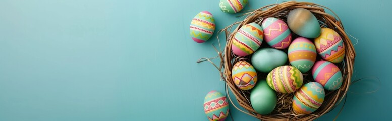 Fototapeta na wymiar colorful easter eggs in a basket on a light blue background Generative AI