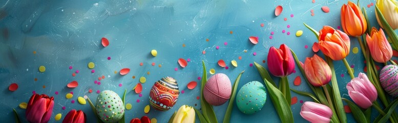 colorful easter eggs and tulips placed on a blue surface Generative AI