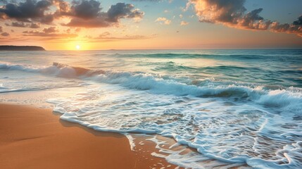 Fototapeta premium A tranquil and picturesque beach scene at sunrise, capturing the soft glow of the sun over gentle waves and pristine sands.