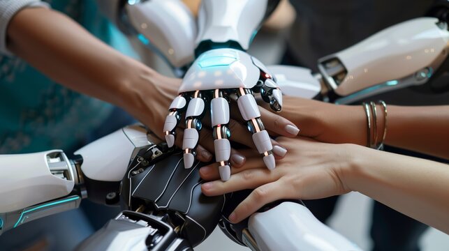 Human hands united with a robotic hand and  bionic hands, symbolizing teamwork and AI integration
