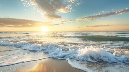 A tranquil sunrise over a picturesque beach with soft waves breaking gently on the shore, under a sky with light clouds. - obrazy, fototapety, plakaty