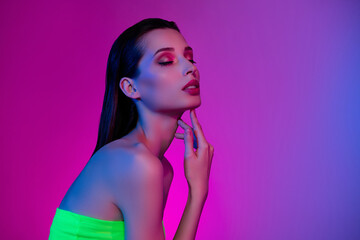 Photo of pretty chic gorgeous lady touch neck enjoying perfect pure skin after bath shower over...