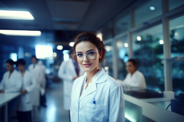 Woman scientist in white coat and glasses in medical or science laboratory. Team of specialists on blurred background