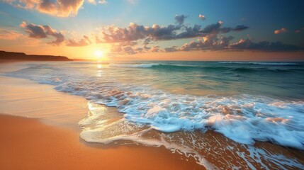 Obraz premium A serene sunrise at a tranquil beach, with waves gently caressing the sandy shore under a colorful, cloud-studded sky.