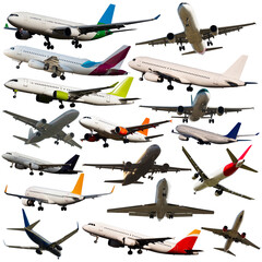 Collage of various passenger airplanes flying isolated on white. Civil aviation concept