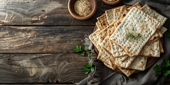Passover tradition background with Stack of Matzah Crackers on a Rustic Wooden Table
