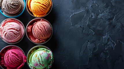 A variety of colorful ice cream scoops in metal bowls arranged on a dark surface