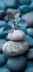 A serene stack of smooth stones culminating in a small leafy plant, set against a backdrop of matching blue pebbles.