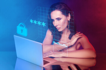 Creative future 3d collage of woman using netbook writing password data access with holographic...