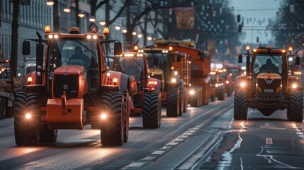 group of tractors on a public road in motion - obrazy, fototapety, plakaty