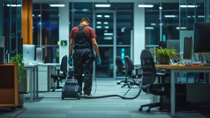 A diligent professional cleaner vacuuming a dark carpet within the bright office environment, ensuring cleanliness and hygiene in workspace. - obrazy, fototapety, plakaty