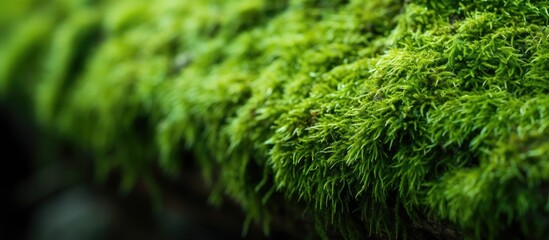 This close up view showcases the detailed texture of green moss growing on a tree trunk. The...