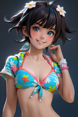 An alluring image capturing a playful and cheerful woman posing in a  blue bikini top adorned with flower patterns, showcasing her captivating physique. Created with generative A.I. technology
