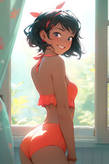 An alluring image featuring a woman posing at her window, casting an inviting sideways glance over her shoulder. She showcases her new red vintage-style bikini. Created with generative A.I. technology