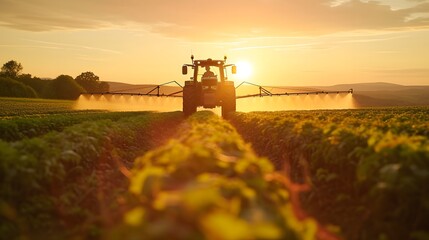a tractor is spraying crops in a field at sunset or dawn with the sun shining on the horizon behind it - obrazy, fototapety, plakaty