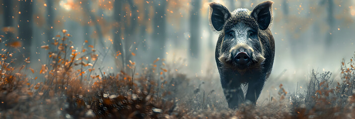  Portrait of a Wild Boar in the Foggy Forest ,
Scary background for halloween contours of an shaggy scary wild pig head boar in smoke and fire