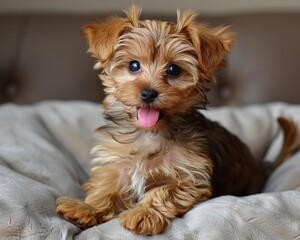 A cute puppy with his tongue hanging out is lying on a soft feather bed