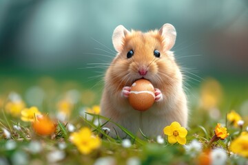 Holiday Happy Easter card. Cute hamster holds in its paws and tries to gnaw Easter egg in green grass with flowers against clear blue sky at sunny spring day. Concept of pets at Easter