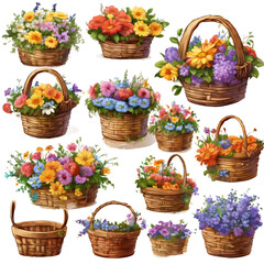 Fototapeta na wymiar Cartoon Flowers in a Basket PNG Clipart Bundle