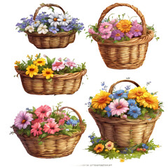 Cartoon Flowers in a Basket PNG Clipart Bundle