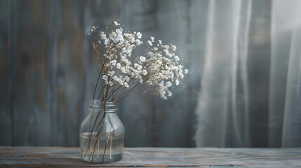 Tender dry gypsophila flowers in a glass vase and wabi sabi style