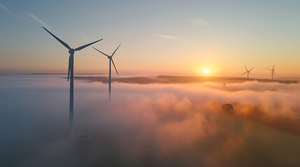 Aerial view of three wind turbines in the early morning fog at sunrise