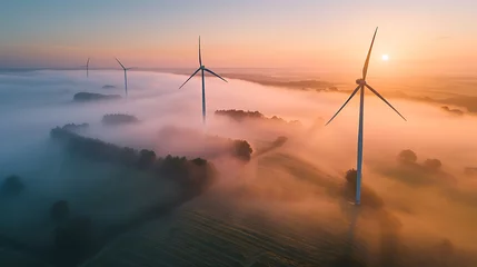 Photo sur Aluminium Matin avec brouillard Aerial view of three wind turbines in the early morning fog at sunrise