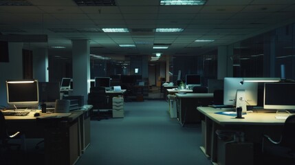Nighttime view of an unoccupied office with modern computers, desks, and office chairs under artificial lighting.